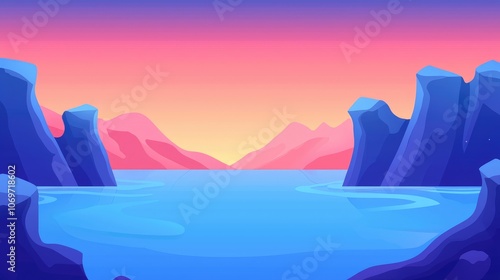 Abstract Mountain Range with Blue Water and Pink Sunset Sky