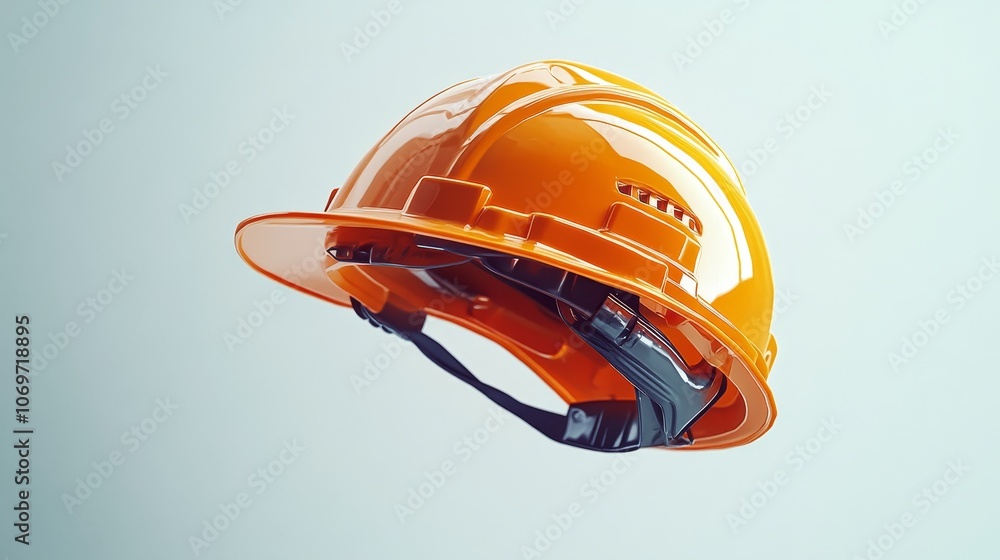 Orange safety helmet floating in the air, soft light shining, right side isometric view, showcasing matte surface texture, white background, plastic color details in yellow, orange, and navy blue Orange safety helmet floating in the air, soft light shining, right side isometric view, showcasing matte surface texture, white background, plastic color details in yellow, orange, and navy blue