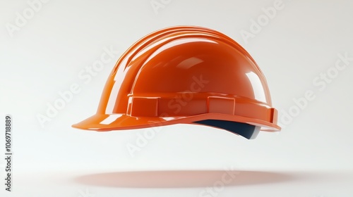 Orange safety helmet floating in the air, soft light shining, right side isometric view, showcasing matte surface texture, white background, plastic color details in yellow, orange, and navy blue photo