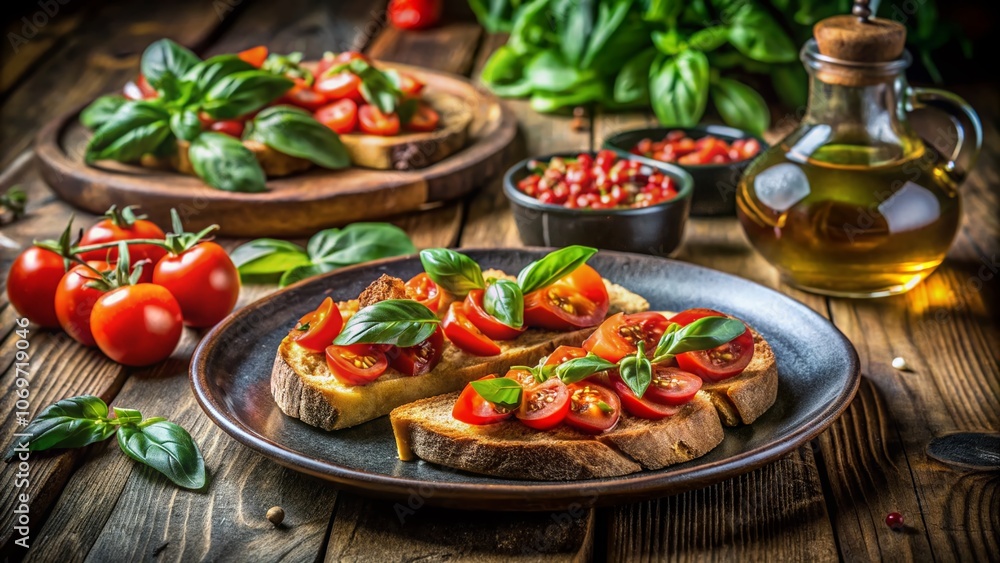 Captivating Low Light Photography of Fresh Tomato Bruschetta with Vibrant Basil Garnish on Rustic Wooden Table Surrounded by Olive Oil and Balsamic Vinegar Accents Captivating Low Light Photography of Fresh Tomato Bruschetta with Vibrant Basil Garnish on Rustic Wooden Table Surrounded by Olive Oil and Balsamic Vinegar Accents