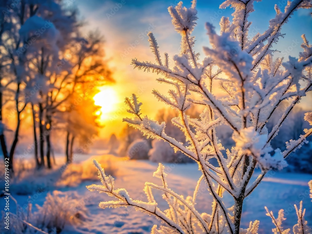 Obraz premium Captivating Macro Photography of a Hazy Winter Morning with the Sun Rising Behind Frosty Trees, Creating Magical Light Effects and a Dreamlike Atmosphere in Nature
