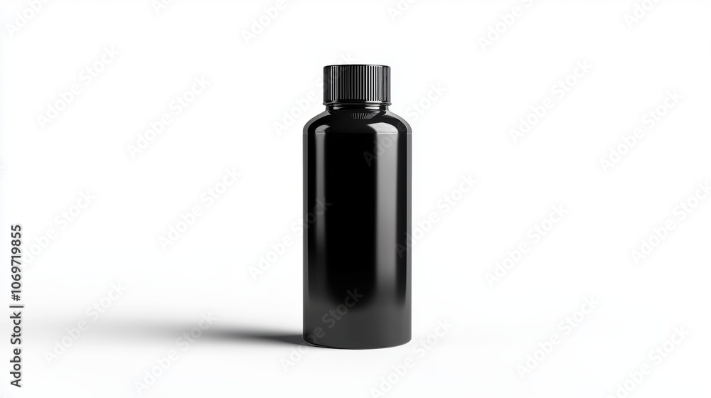 A black bottle with a white cap sits on a white background A black bottle with a white cap sits on a white background