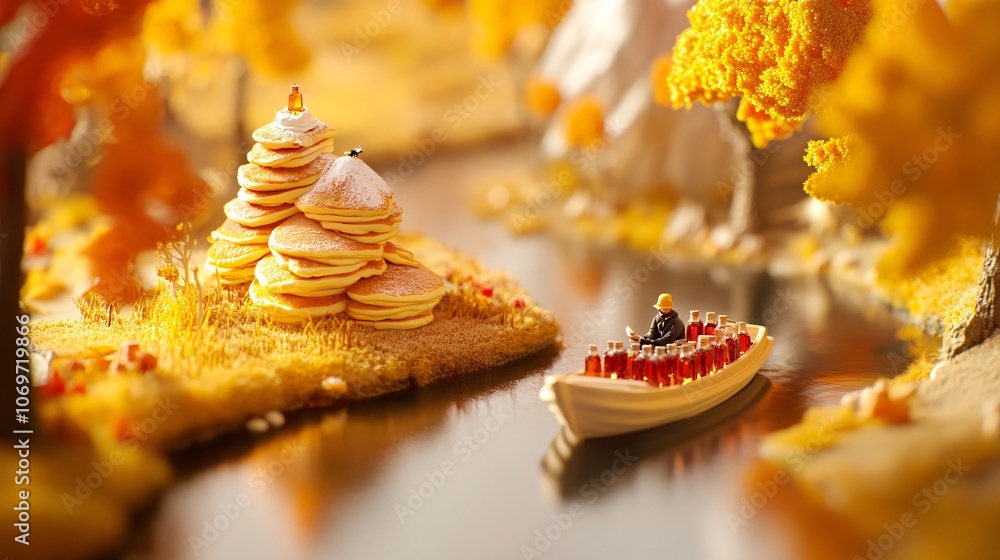 Obraz premium miniature landscape, mountain made out of pancakes, there is a man sitting on a boat full of maple syrup bottles in the river, the cover of a food advertisement, advertising design poster, birds eye