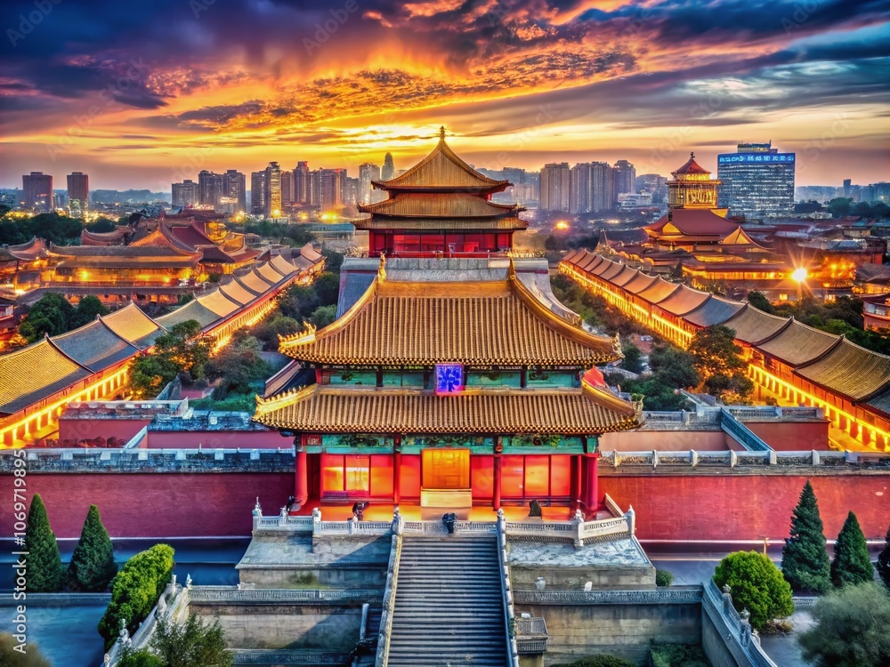Fototapeta premium Captivating Macro Photography of Iconic Landmarks in China: Beijing's Forbidden City, Shanghai's Skyline, Xian's Terracotta Army, Macao's Ruins, and Taiwan's Night Markets