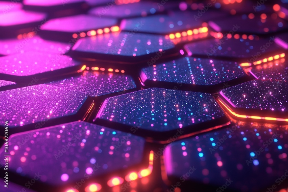 Abstract hexagonal pattern with pink, blue, and orange lights Abstract hexagonal pattern with pink, blue, and orange lights
