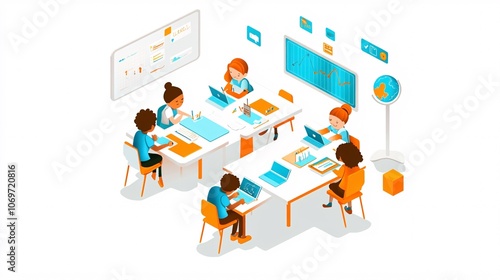 Simple isometric infographic of a diverse group of teachers sitting at a collaborative desk setup, working with shared laptops and digital lesson plans on tablets. Nearby, there is classroom