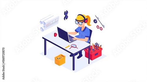 Simple isometric infographic of a female engineer with safety glasses perched on her head, sitting at an industrial-style metal desk, working with a rugged laptop and unrolled blueprints. Nearby,