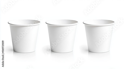 Three white paper cups are lined up on a white background