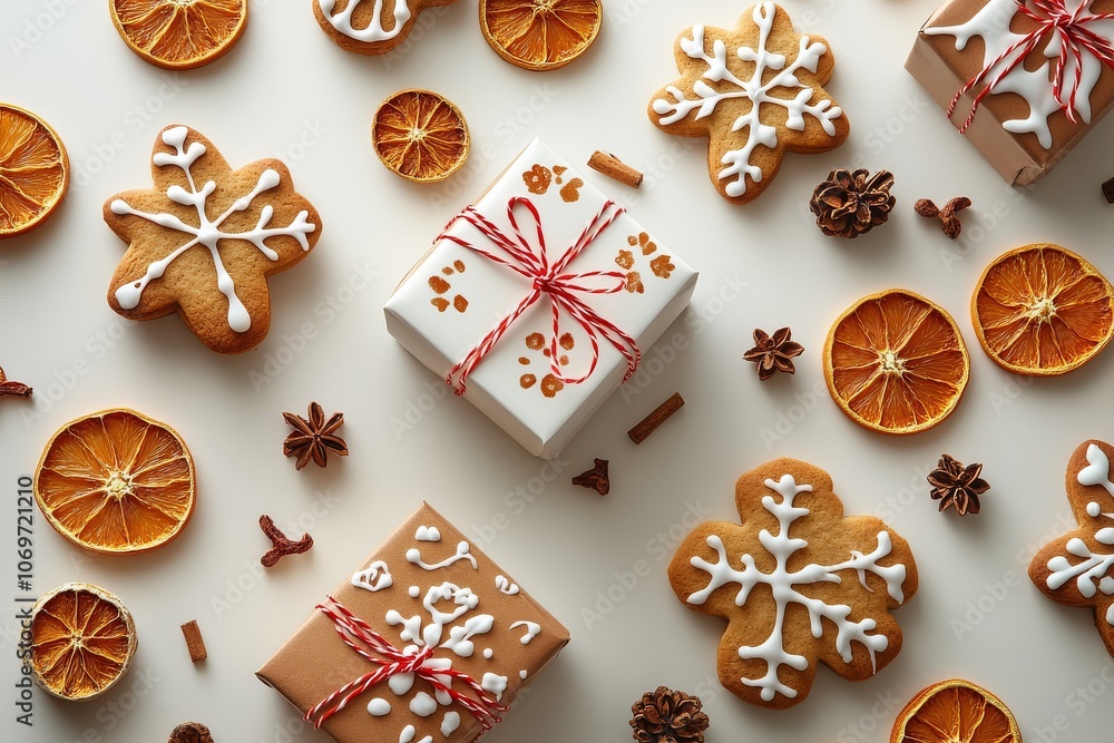 Gingerbread cookies in gift boxes tied with red twine, surrounded by dried orange slices on a white background. Perfect for Christmas-themed designs and marketing. Gingerbread cookies in gift boxes tied with red twine, surrounded by dried orange slices on a white background. Perfect for Christmas-themed designs and marketing.