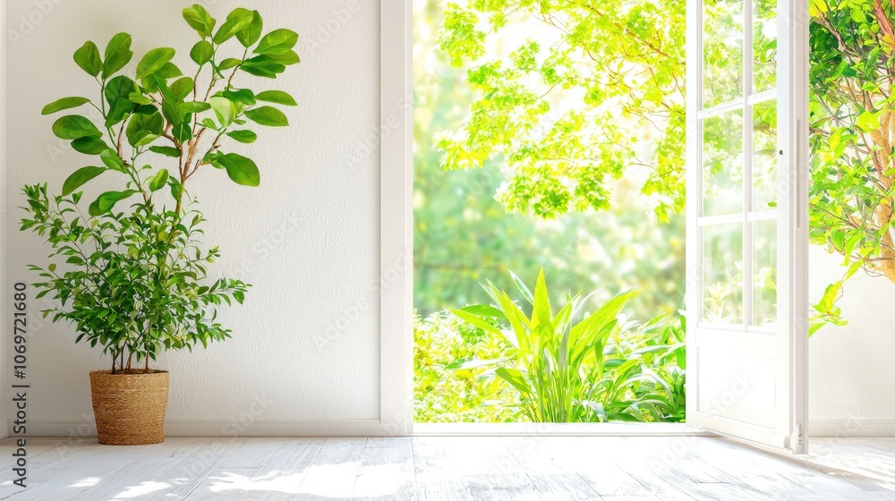 A bright and airy room with white walls and light wood floors opens to a vibrant green garden through French doors, symbolizing a refreshing new beginning and tranquility in everyday living. A bright and airy room with white walls and light wood floors opens to a vibrant green garden through French doors, symbolizing a refreshing new beginning and tranquility in everyday living.