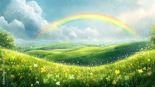 Festive watercolor background with a field of clover, rainbow in the background, symbolizing luck and good fortune for St. Patrick's Day design, greeting cards and holiday posts on social networks