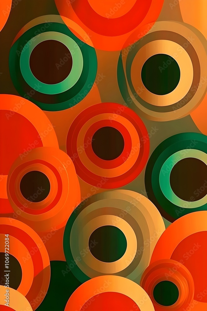 An abstract composition of vibrant orange, green, and brown concentric circles, creating a lively and energetic visual effect that evokes a sense of warmth and movement. An abstract composition of vibrant orange, green, and brown concentric circles, creating a lively and energetic visual effect that evokes a sense of warmth and movement.