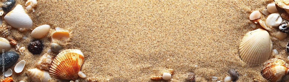Seashells and Pebbles Scattered on Sandy Beach Seashells and Pebbles Scattered on Sandy Beach
