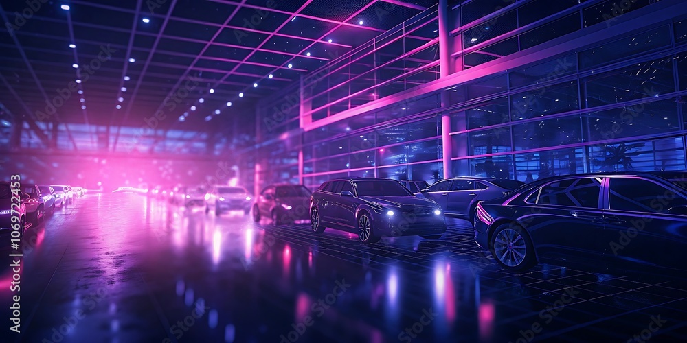 Fototapeta premium car dealership car with multiple vehicles parked under bright lights automotive showroom sales concept.AI GENERATED