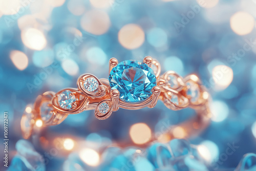 Elegant rose gold ring with blue diamond sparkling light   