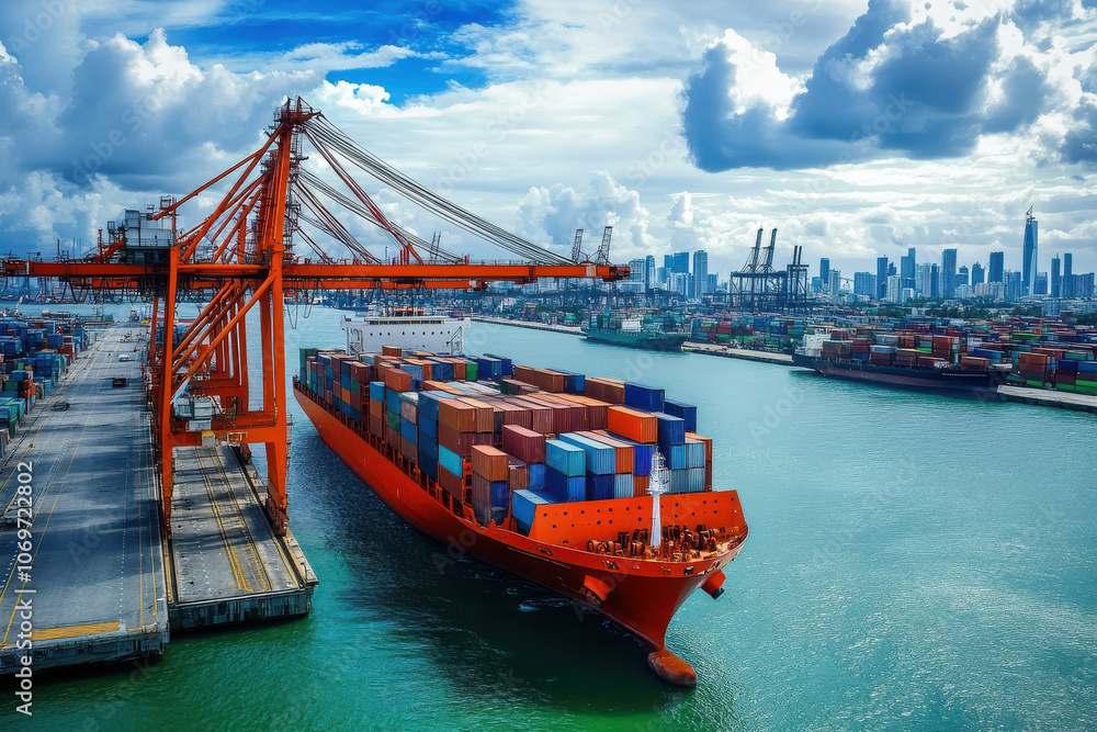 Fototapeta premium Cargo ship in port with cranes and cityscape in background