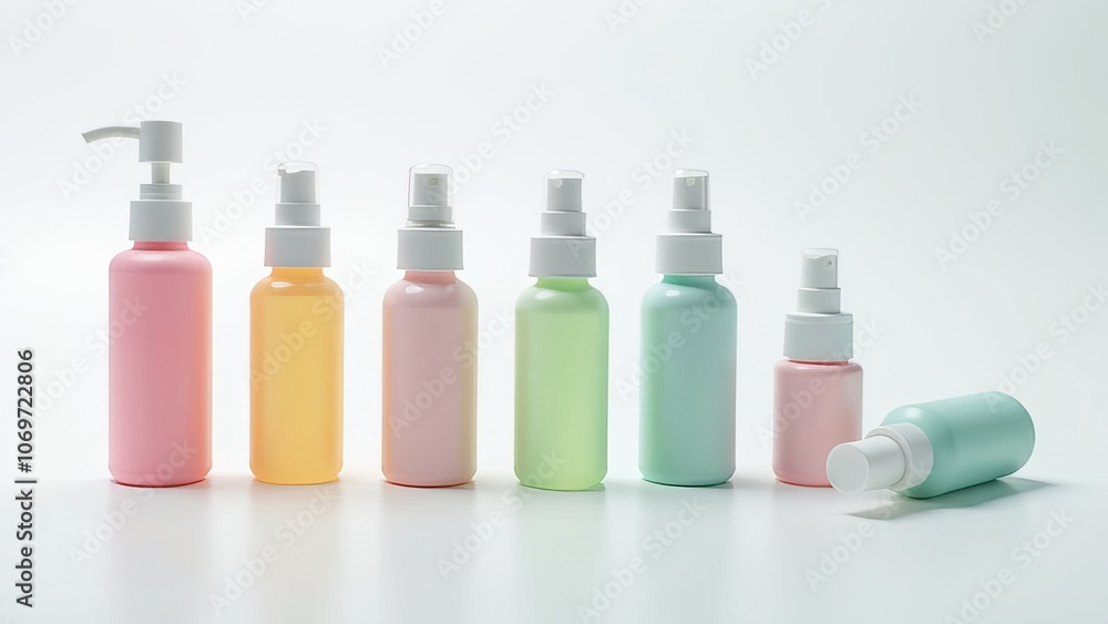 A row of colorful plastic bottles with a white background A row of colorful plastic bottles with a white background