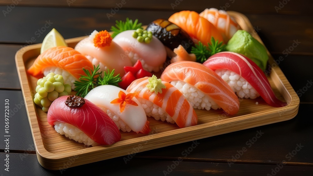 A wooden board with a variety of sushi rolls on it A wooden board with a variety of sushi rolls on it