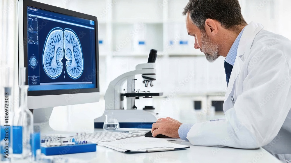 Scientist in Lab Coat Examining Brain Scan on Computer, Surrounded by Research Papers and Microscope, Focused on Autism Research and Medical Advancements Scientist in Lab Coat Examining Brain Scan on Computer, Surrounded by Research Papers and Microscope, Focused on Autism Research and Medical Advancements