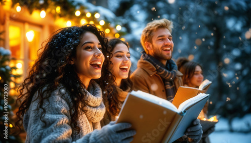 Young diverse friends caroling outdoors on a snowy winter evening, holding songbooks and singing together against warm glowing lights and falling snow. photo