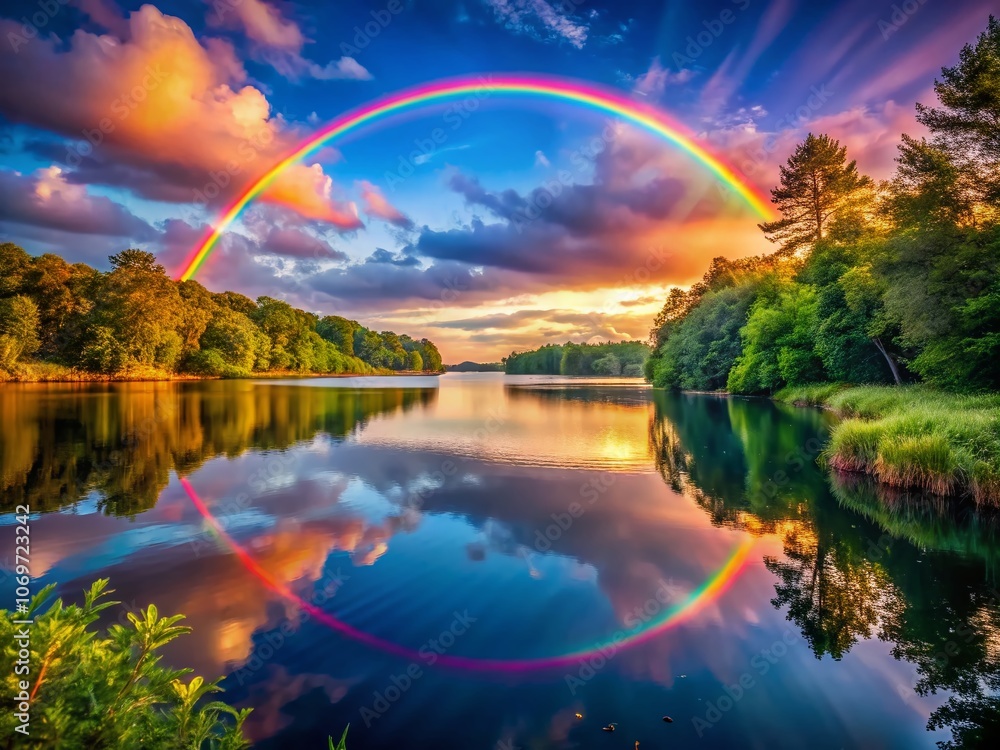 Captivating Rainbow Arching Over a Serene Lake at Sunset, Reflecting Vibrant Colors on Calm Waters with Lush Surroundings and Tranquil Atmosphere for Nature Lovers Captivating Rainbow Arching Over a Serene Lake at Sunset, Reflecting Vibrant Colors on Calm Waters with Lush Surroundings and Tranquil Atmosphere for Nature Lovers
