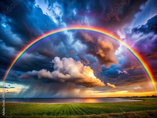 Captivating Rainbow Emerging from a Stormy Sky with Dramatic Clouds and Raindrops, Showcasing Nature's Beauty and the Contrast of Calm After Turmoil in a Vivid Landscape