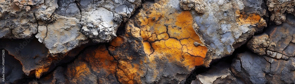 Close-up of Cracked and Weathered Stone Surface with Orange, Grey, and Black Patches Close-up of Cracked and Weathered Stone Surface with Orange, Grey, and Black Patches