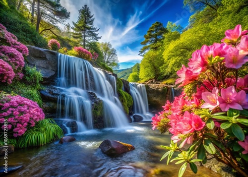 Captivating Springtime Landscape Featuring Vibrant Azalea Flowers Cascading Near a Majestic Waterfall Amidst Lush Greenery and a Crystal Clear Sky for Nature Lovers