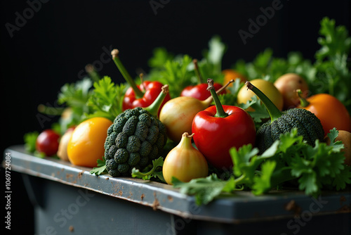 Wilted vegetables and fruits in a dark compost bin to convey food waste issues