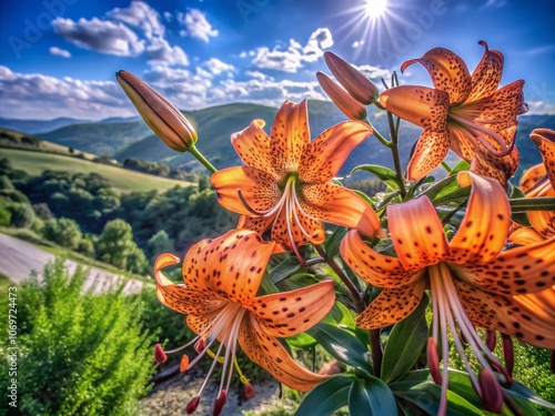 Captivating Tigerlily Flowers in a Serene Natural Landscape Surrounded by Lush Greenery and Soft Sunlight, Perfect for Nature Lovers and Floral Enthusiasts photo