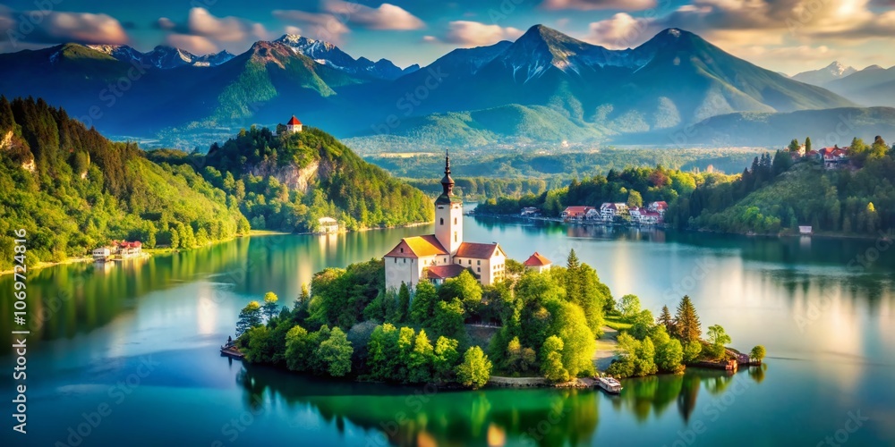 Obraz premium Captivating Tilt-Shift Photography of Bled, Slovenia: A Miniature Wonderland with Lake, Castle, and Alpine Scenery