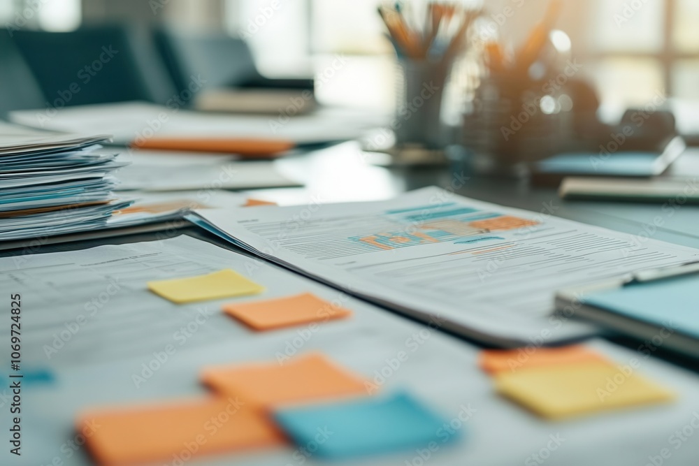 Top view of organized crisis management documents with sticky notes on conference table, realistic lighting, high detail Top view of organized crisis management documents with sticky notes on conference table, realistic lighting, high detail