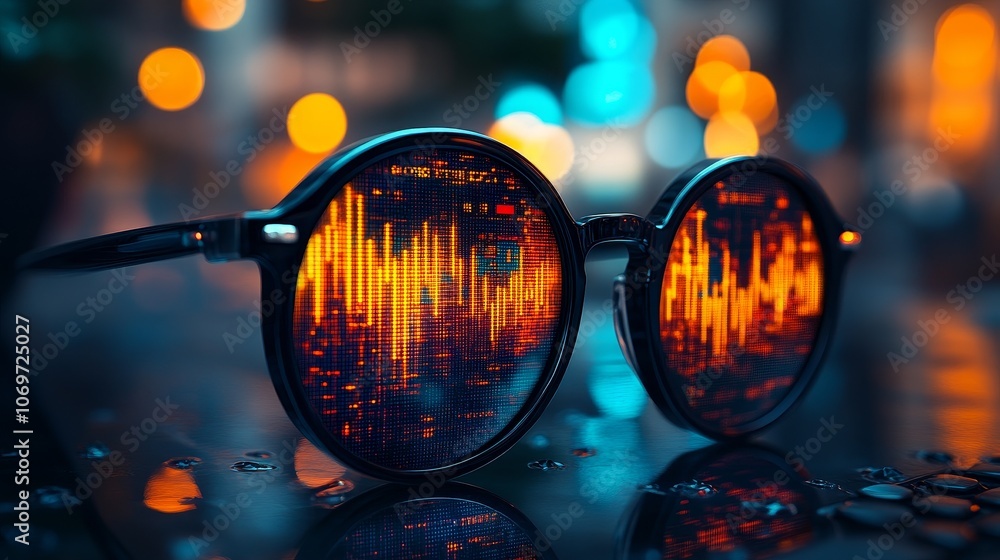 Ultra high definition close-up shots display charts and SEO search engine graphics on technical glasses, with a background of blurry images and saturated colors in a high-tech environment Ultra high definition close-up shots display charts and SEO search engine graphics on technical glasses, with a background of blurry images and saturated colors in a high-tech environment
