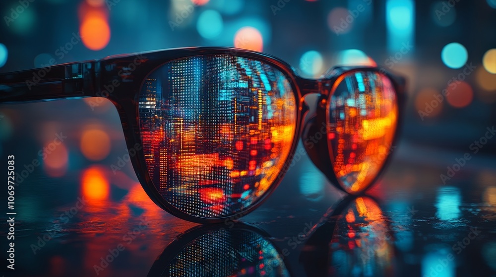Ultra high definition close-up shots display charts and SEO search engine graphics on technical glasses, with a background of blurry images and saturated colors in a high-tech environment Ultra high definition close-up shots display charts and SEO search engine graphics on technical glasses, with a background of blurry images and saturated colors in a high-tech environment