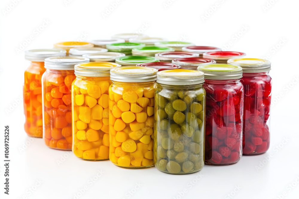 colorful display of preserved fruits and vegetables in glass jars colorful display of preserved fruits and vegetables in glass jars
