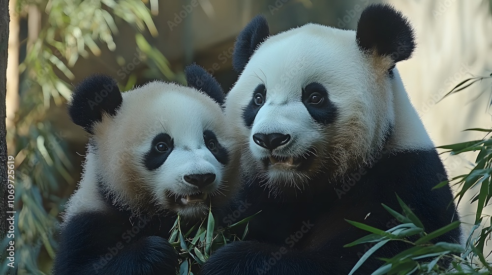 Fototapeta premium Close-up of panda eating bamboo, dense forest background, showcasing endangered species