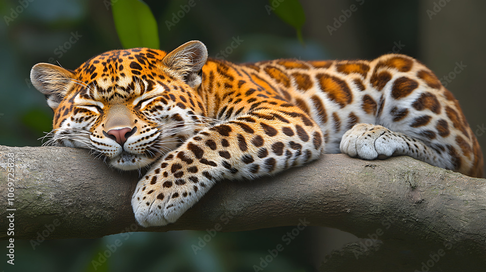 Leopard resting on tree branch, dense forest setting, majestic and calm wildlife scene Leopard resting on tree branch, dense forest setting, majestic and calm wildlife scene
