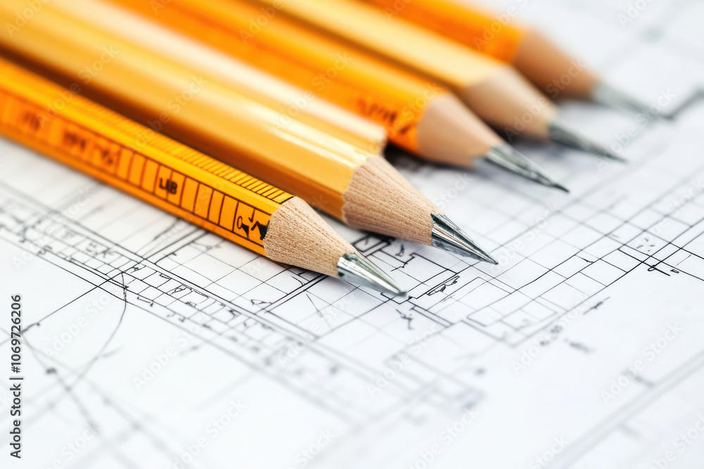 group of sharpened pencils laid on architectural plans