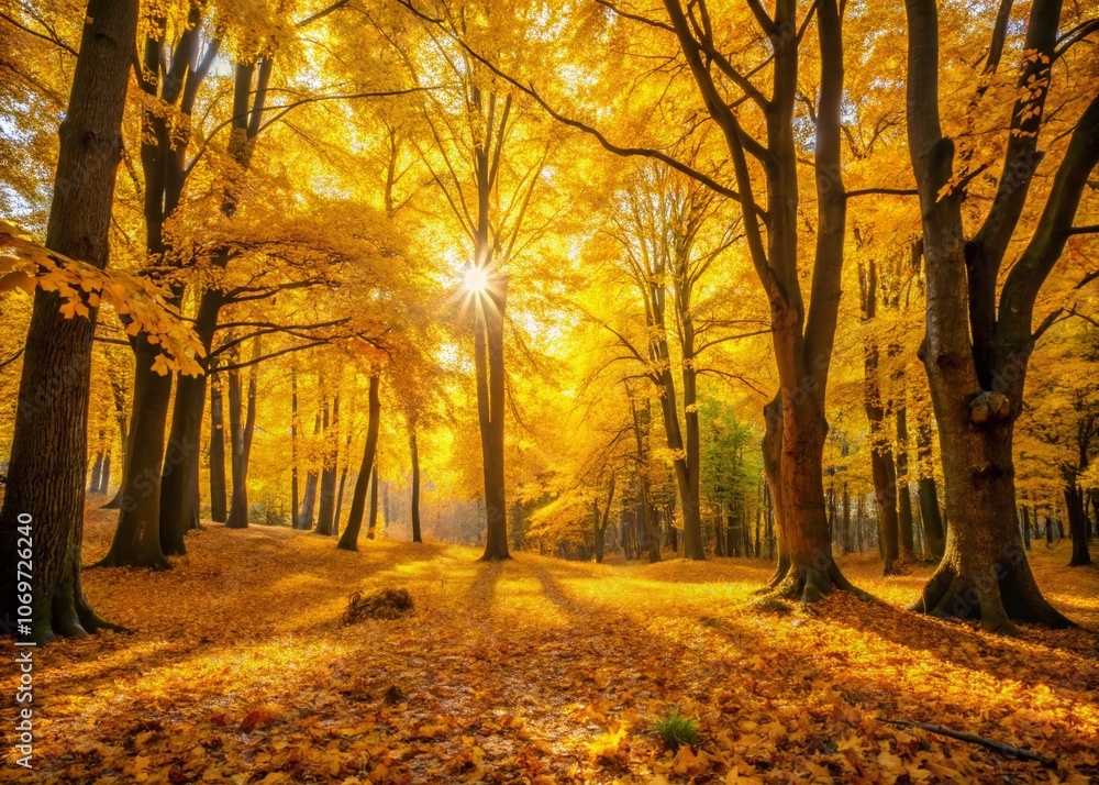Fototapeta premium Capturing the Golden Essence of Autumn: Low Light Photography of Yellow Trees in a Serene Forest Setting, Emphasizing the Warmth and Beauty of Fall Foliage at Dusk