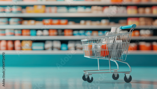 Wallpaper Mural A shopping cart sits in front of colorful shelves filled with canned goods, showcasing a vibrant grocery store environment. Torontodigital.ca