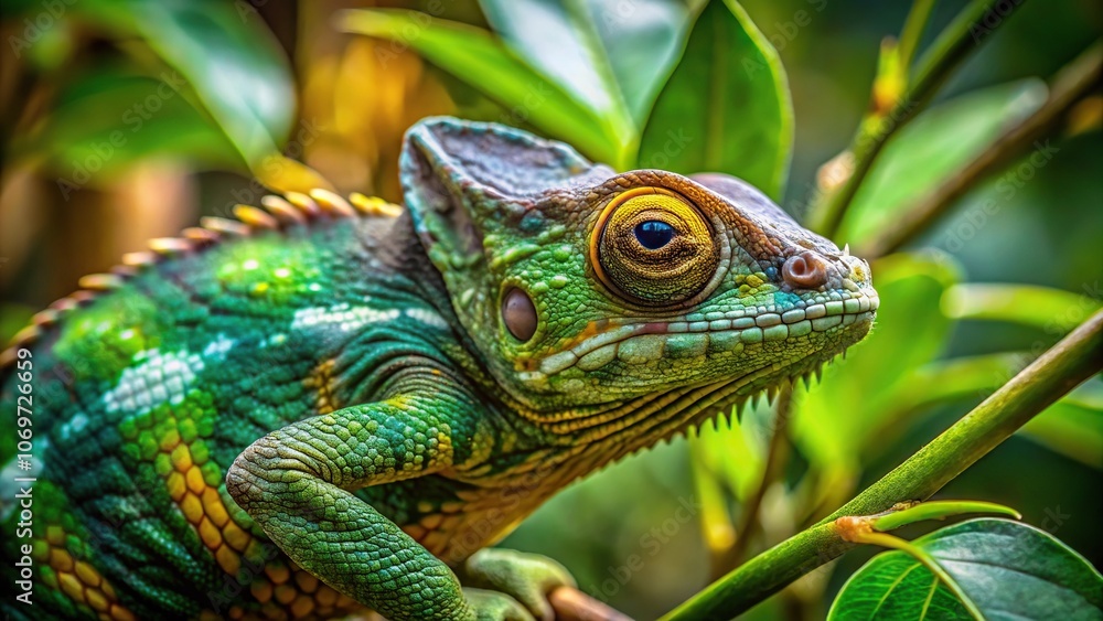 Fototapeta premium camouflaged chameleon blending into jungle foliage