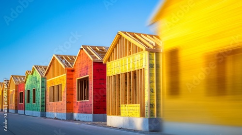 Blurred abstract row of wood frame house under construction in suburban Irving Texas USA New stick built 2 floor and almost completed home wall covered by panels sheathing envelope sealing photo