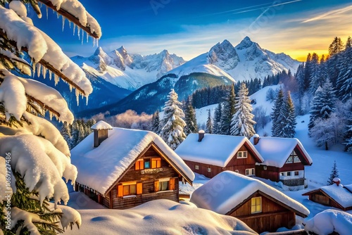 Charming Snow-Covered Cottages Nestled in the Austrian Alps Surrounded by Majestic Winter Landscape and Glimmering Snowflakes for a Perfect Holiday Scene photo