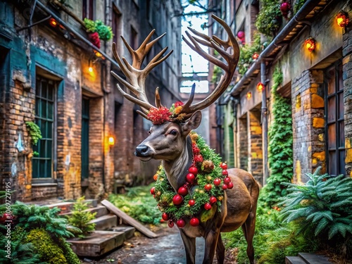 Charming Urban Exploration of a Decorated Reindeer Amidst Festive Noel Decor in an Abandoned Cityscape, Perfect for Holiday-Themed Stock Photography