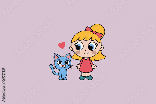 little girl with a cat vector art illustration