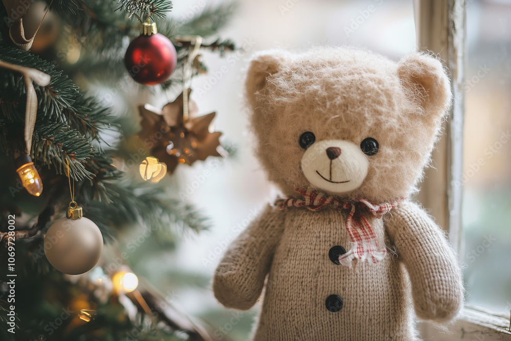 Bear doll holding present and Christmas tree. Bear doll holding present and Christmas tree.