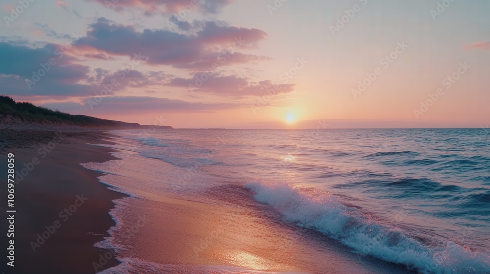 Peaceful Sunset Over Sandy Beach Waves Peaceful Sunset Over Sandy Beach Waves