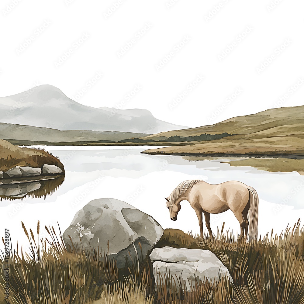 Obraz premium Watercolor Illustration of a Horse by a Mountain Lake.