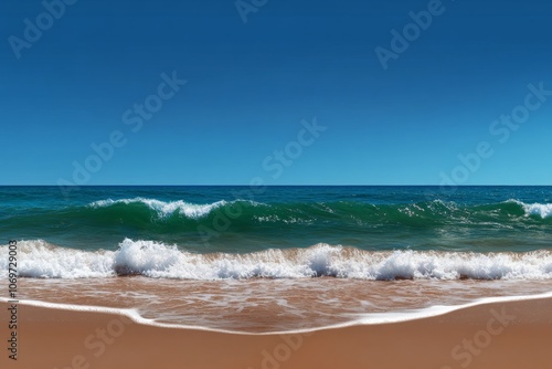 A realistic view of a sandy beach with gentle waves washing ashore, set against a clear blue sky photo