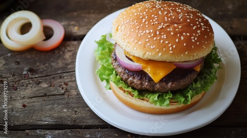 Creative design of homemade fresh burger with beef patty cheese lettuce onion tomato on the white plate top view Food concept for magazine cover ads promo banner poster flyer - Image photo